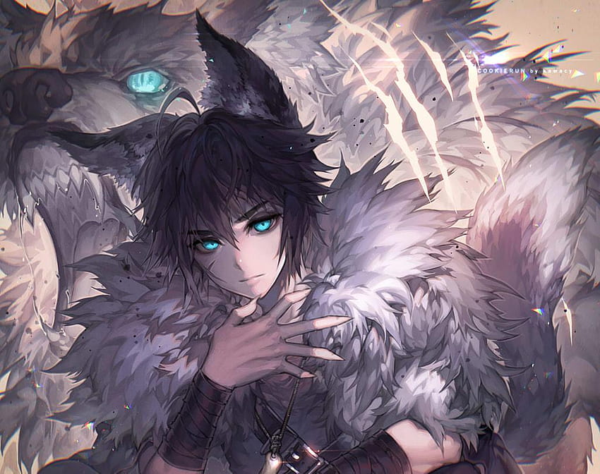 all male animal animal ears aqua eyes black hair cookie run kawacy, anime wolf boy HD wallpaper
