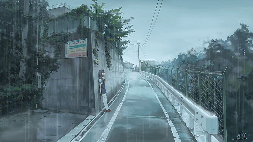 Under the rain, anime trees and rainy day HD wallpaper