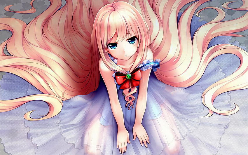 dress, original, blue eyes, long hair, bow, anime girls, anime girl light pink hair HD wallpaper