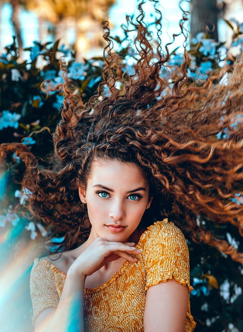 : women, model, redhead, long hair, Sofie Dossi, curly hair, face, portrait display, blue eyes, yellow tops, depth of field, hands 1173x1600, girl with long hair HD phone wallpaper