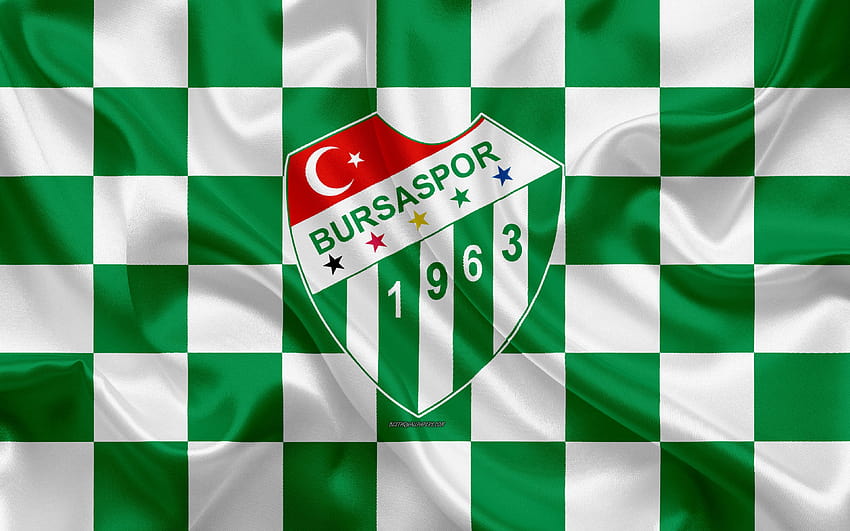 Bursaspor, logo, creative art, green white checkered flag, Turkish football club, emblem, silk texture, Bursa, Turkey with resolution 3840x2400. High Quality HD wallpaper