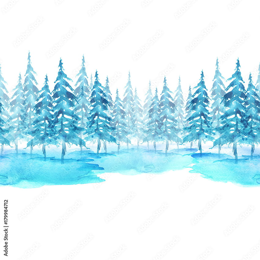 Reticolo lineare senza giunte dell'acquerello, bordo. Abete rosso blu, pino, cedro, larice, foresta astratta, sagoma di alberi. Su bianco isolato. Un albero in inverno in un cumulo di neve. Paesaggio forestale. Archivio illustrazioni Sfondo del telefono HD