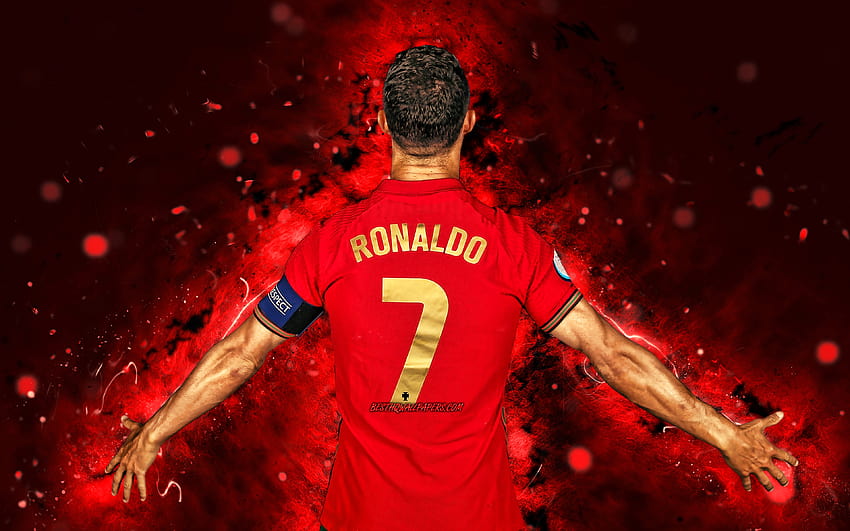 Cristiano Ronaldo, 2021, มุมมองด้านหลัง, ทีมชาติโปรตุเกส, ดาราฟุตบอล, ความสุข, นักฟุตบอล, Cristiano Ronaldo dos Santos Aveiro, ฟุตบอล, แสงนีออนสีแดง, ทีมฟุตบอลโปรตุเกส, CR7, Cristiano Ronaldo สำหรับ วอลล์เปเปอร์ HD