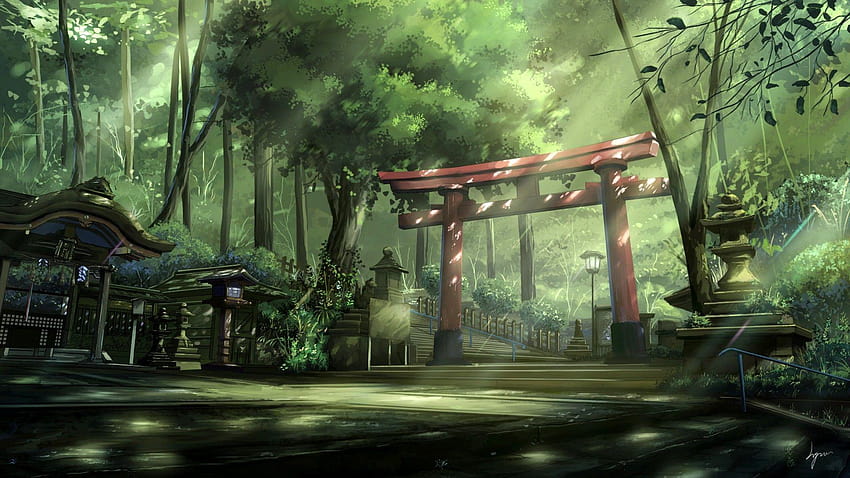 : arbres, paysage, forêt, architecture asiatique, anime, marches Fond d'écran HD