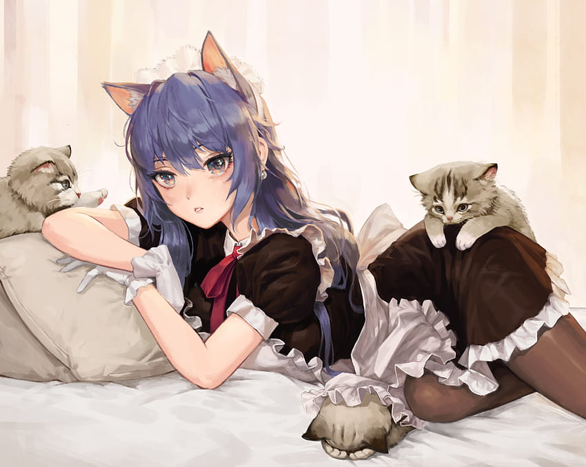 อะนิเมะ Anime Girls Cat Girl ชุดแม่บ้านแมวอยู่บนเตียง, แม่บ้านแมว วอลล์เปเปอร์ HD
