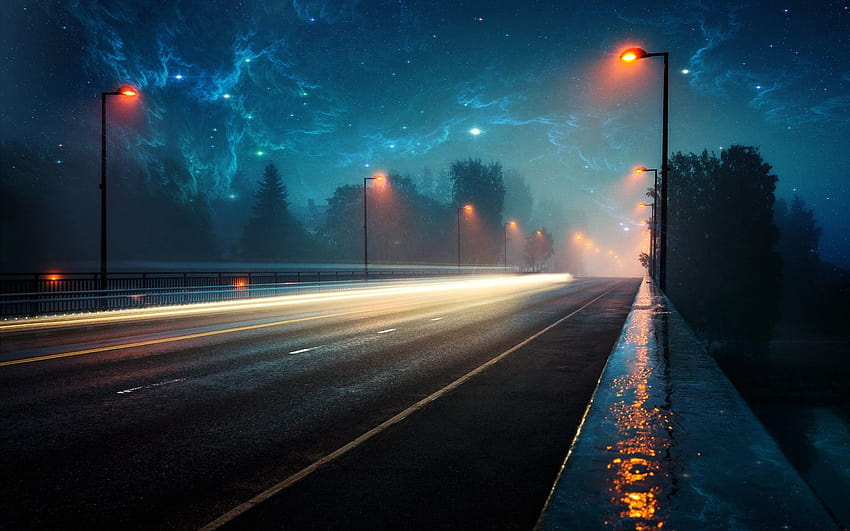 nebula, Space, Lighter, Lights, Road, Evening, Rain / and Mobile Backgrounds, street night rain HD wallpaper
