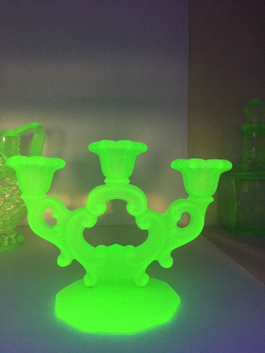 Vintage frosted vaseline green glass candlestick candelabra uranium glows HD phone wallpaper