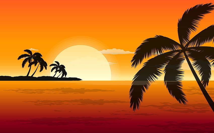 4 Palm Tree Sunset, tramonto dei cartoni animati Sfondo HD