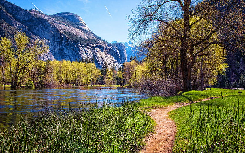 Yosemite National Park, primavera, fiume, California, montagne, bellissima natura, estate, USA, America, punti di riferimento americani con risoluzione 2880x1800. Alta qualità, primavera americana Sfondo HD