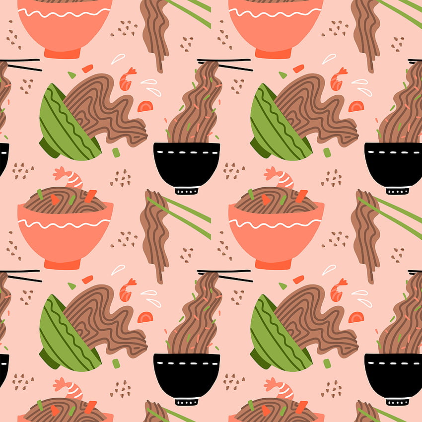 Doodle yakisoba seamless pattern background. Cartoon hand drawn Japanese street food. Soba noodle in bowls. Flat illustration. 6030836 Vector Art at Vecteezy HD phone wallpaper