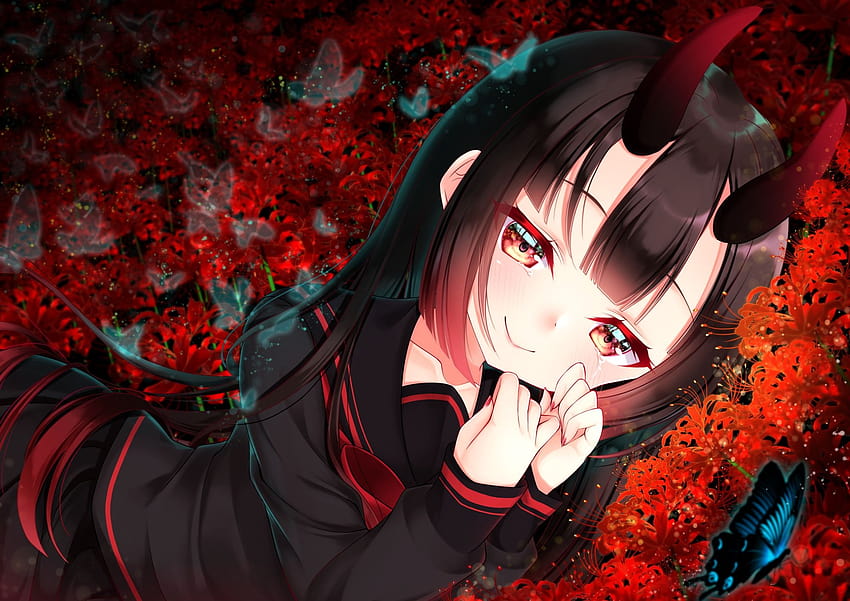 2000x1414 Anime Girl, Horns, Black Hair, Smiling, Teary Eyes, Red Eyes, anime red eye girl HD wallpaper