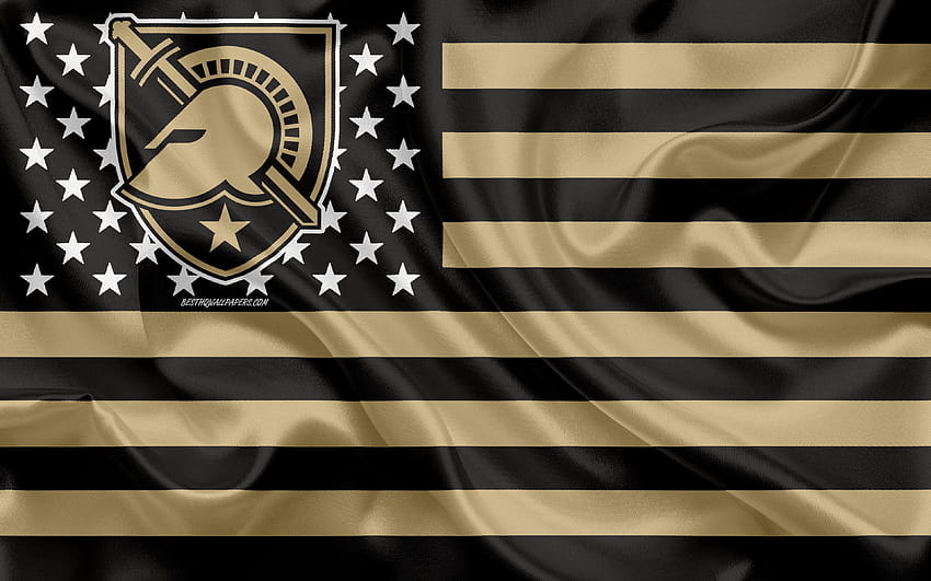 Army Black Knights, drużyna futbolu amerykańskiego, kreatywna flaga amerykańska, złota czarna flaga, NCAA, West Point, Nowy Jork, USA, logo Army Black Knights, godło, jedwabna flaga, futbol amerykański z Tapeta HD