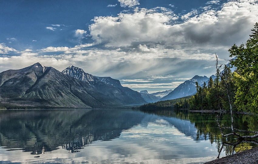 clouds, trees, mountains, lake, reflection, Montana, mcdonald lake glacier national park HD wallpaper