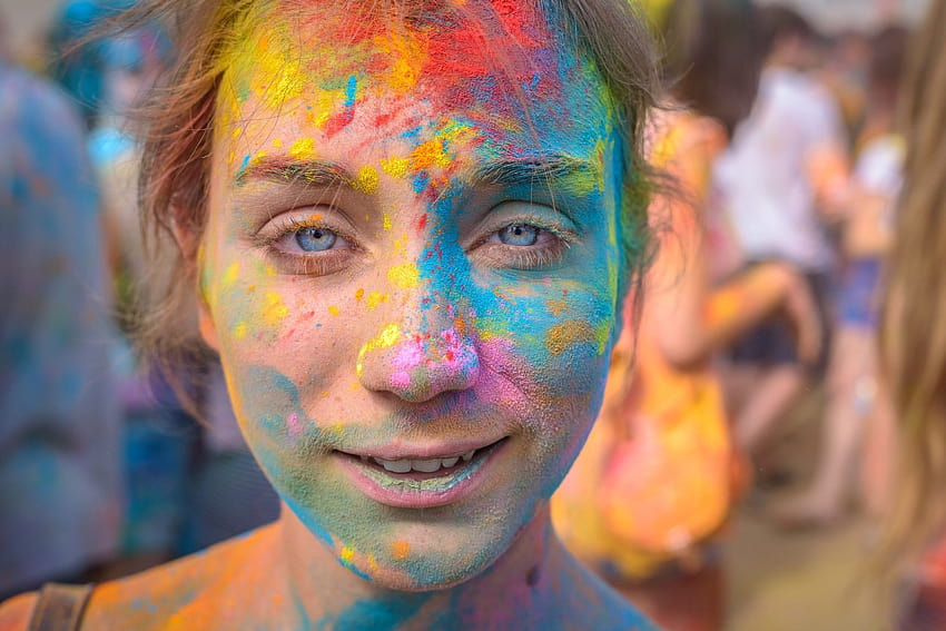 : face, colorful, women outdoors, portrait, blue eyes, looking at viewer, holi festival, dust, head, event, Carnival, color 2048x1367, holi colour face HD wallpaper