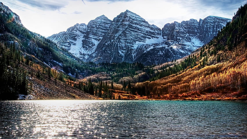 water, mountains, landscapes, nature, snow, trees, forests, Colorado, lakes, R graphy, brightness, Maroon Bells :: HD wallpaper