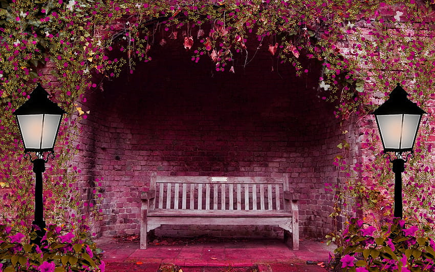 spring, Garden, Flowers, Arch, Bench, Lights, Pink, Lamps, Brick / and Mobile Backgrounds, spring flowers street HD wallpaper