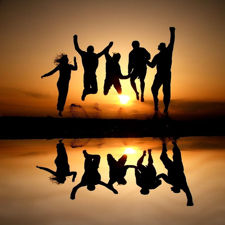 Silhouette of Friends Jumping at the Beach, a group of friend HD phone wallpaper
