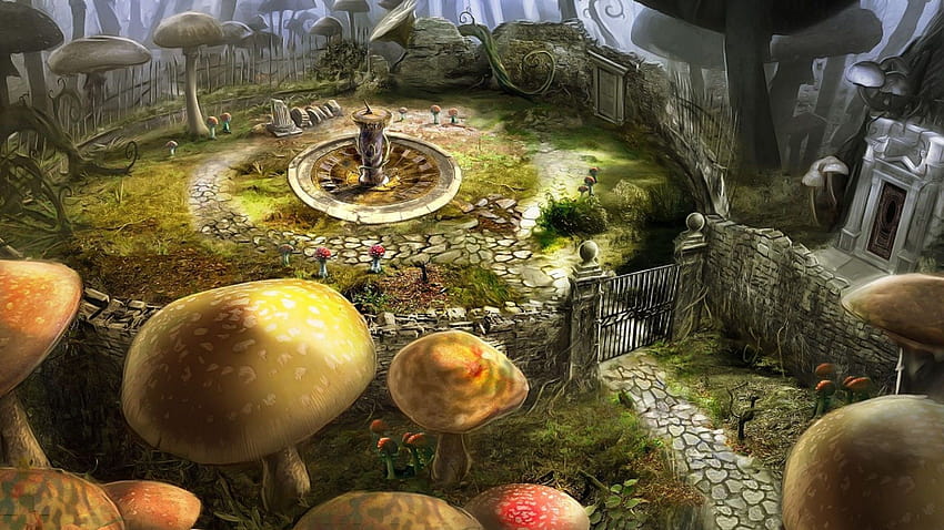 Alice in Wonderland, Tim Burton, Flowers, gate, mushrooms, flowers and mushrooms HD wallpaper