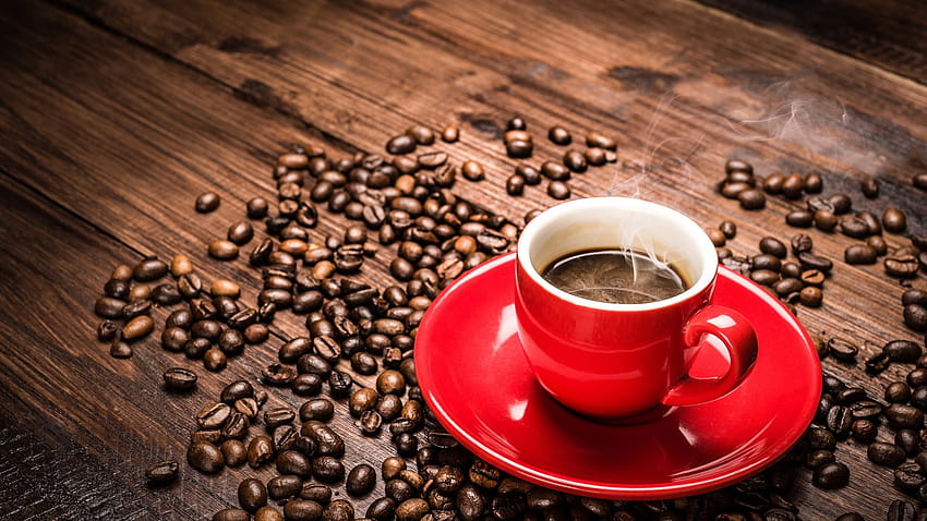 2560x1440 Red Coffee Cup and Coffee Beans PC and Mac HD wallpaper