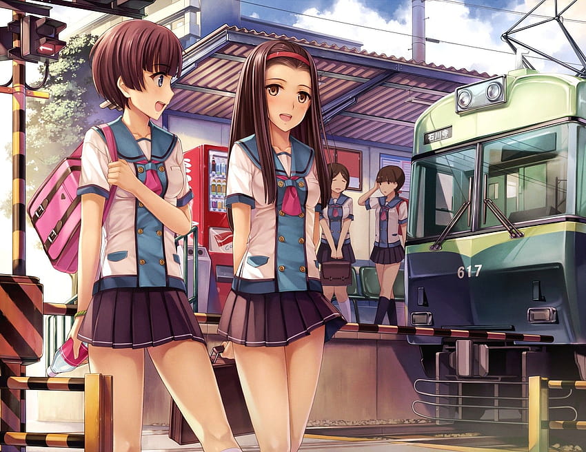 Anime Girls, School Uniform, Train, Railway Crossing, anime girls with school bag HD wallpaper