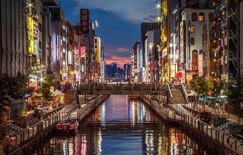 нощ, мост, светлини, река, дом, Япония, светлини, канал, знаци, Осака, раздел город, Осака Япония HD тапет