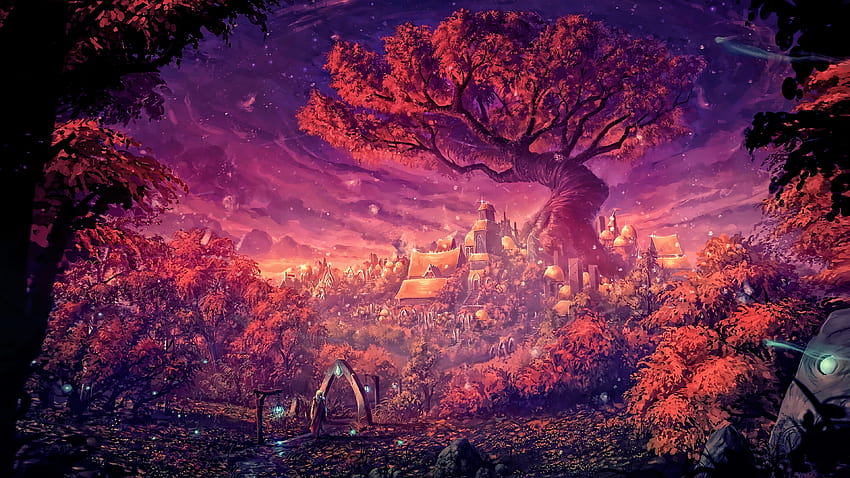 3840x2160 Paisaje de fantasía, pueblo, árbol sagrado, tabletas, mágico, otoño para U TV, ciencia ficción de otoño fondo de pantalla