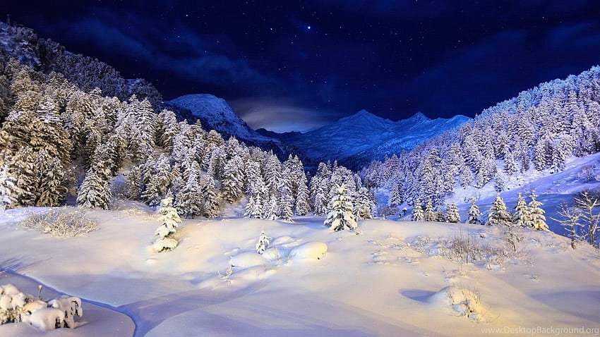 Snow Covered Mountain Winter Night Backgrounds HD wallpaper