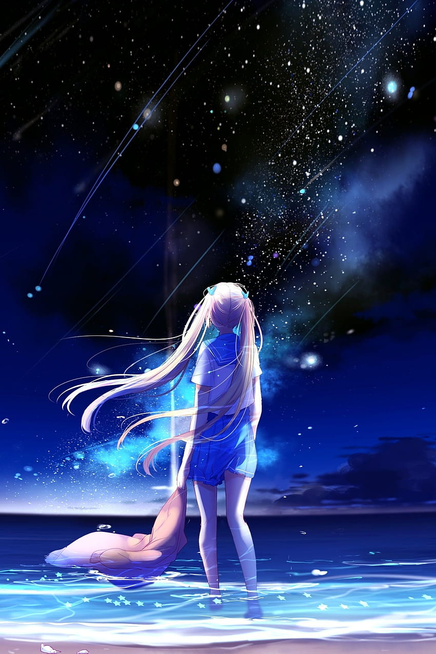 1440x2960 Anime Girl Barefoot Blonde Sky Stars Sunset 4k Samsung