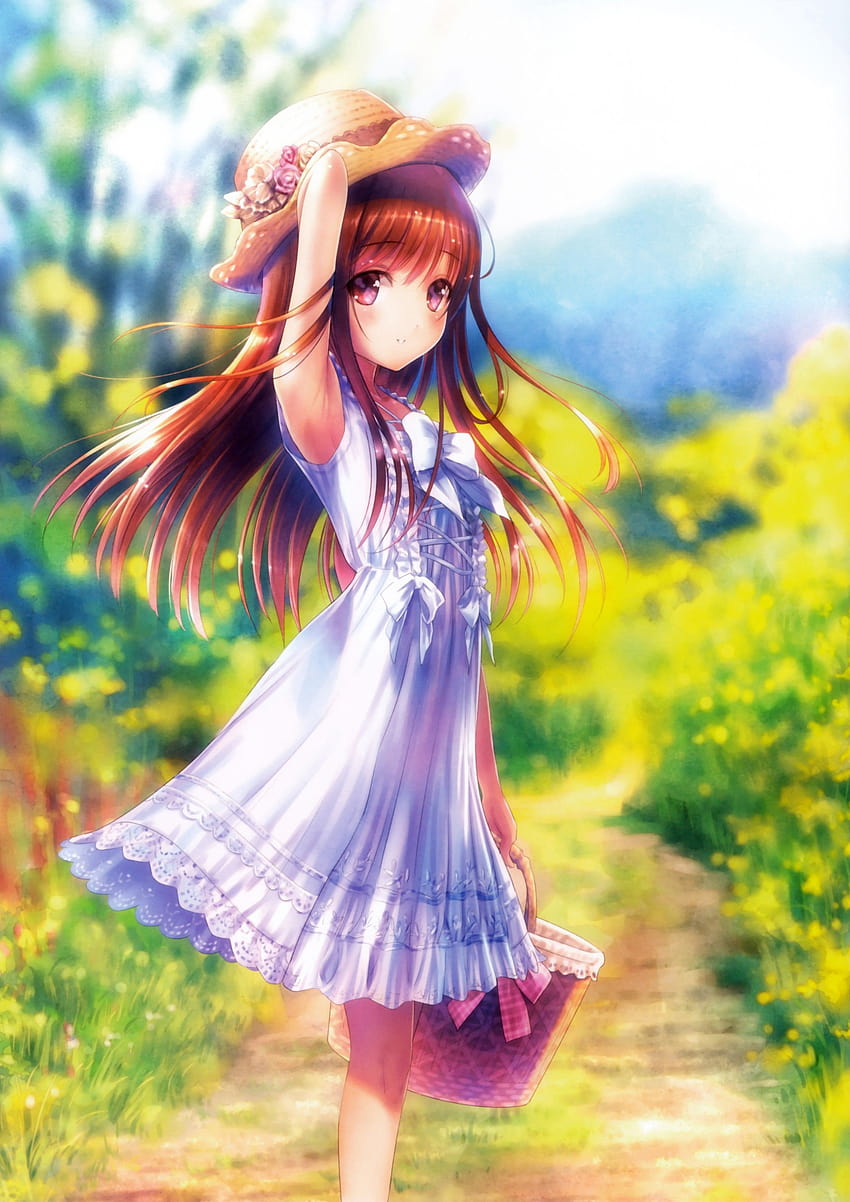 2480x3507 Anime Girl, Yellow Flowers, White Dress, Summer, Strawhat, Basket, anime summer watercolor HD phone wallpaper