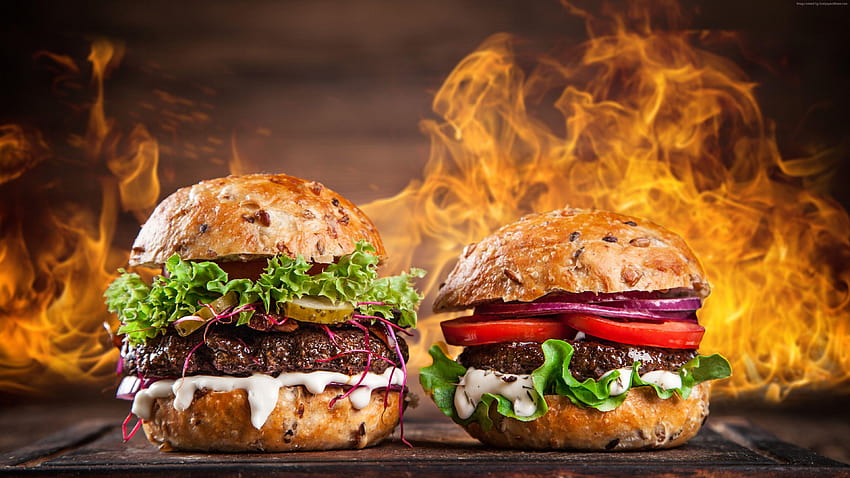 burger, stek, ogień, jedzenie https://www.pxwall, realistyczny fast food Tapeta HD