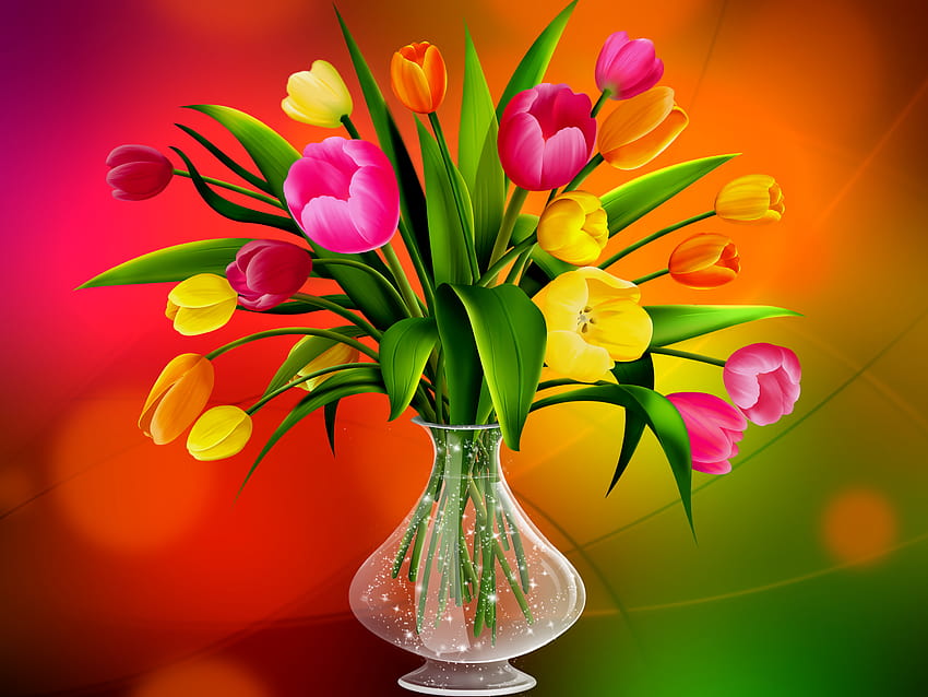 Colorful Tulips in Vase, flower vase HD wallpaper