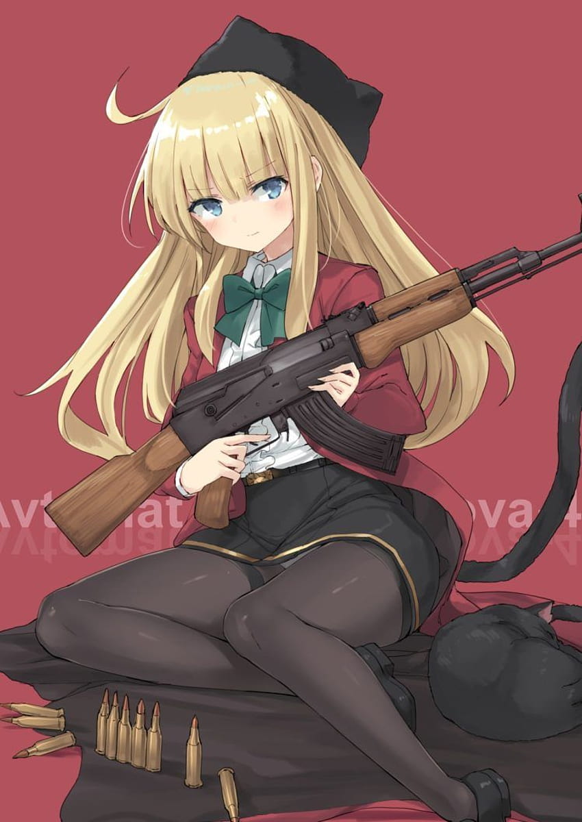 Pelo Largo Rubio Ojos Azules Anime Chicas Anime Pistola Arma Chica Anime Rubia Fondo De