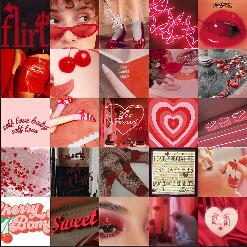 Колаж за стена с червени череши, естетичен колаж за Свети Валентин HD тапет за телефон