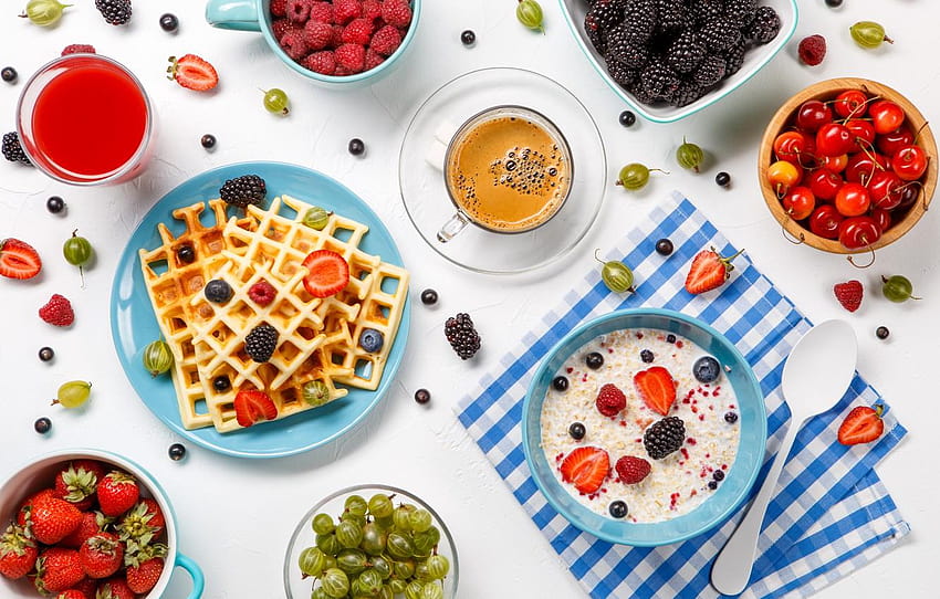 berries, coffee, Breakfast, waffles, porridge, oatmeal HD wallpaper