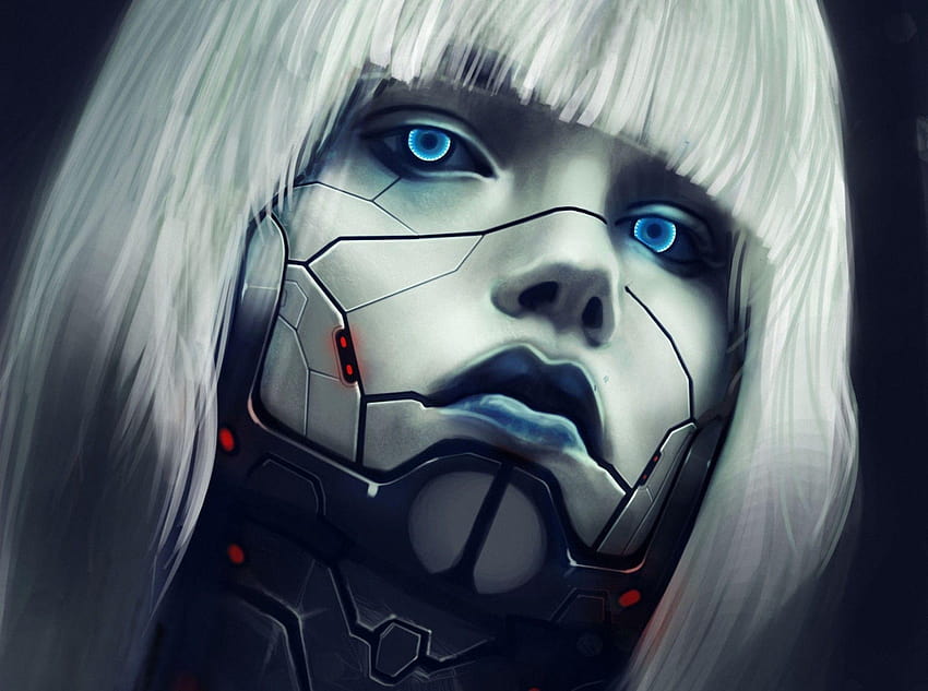 Blondes Cyborg-Mädchen Blaue Augen, menschliches Cyborg-Mädchen HD-Hintergrundbild