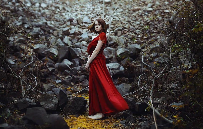forest, girl, stones, dress, in red, Ronny Garcia, no way out HD wallpaper