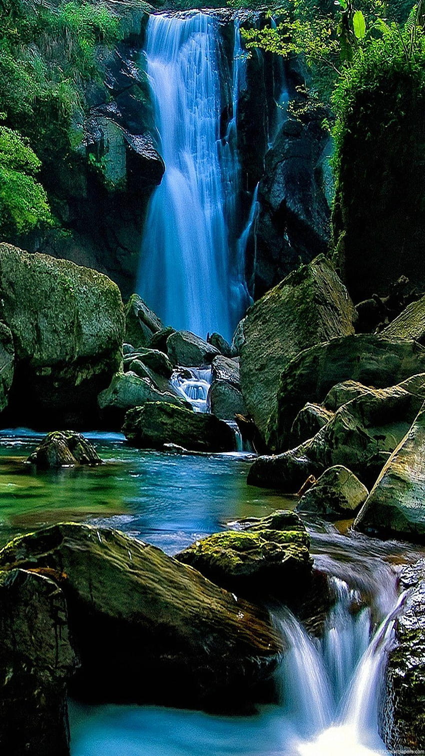Wasserfall-Wald-Natur-Landschaft, mobiler Wasserfall-Android HD-Handy-Hintergrundbild