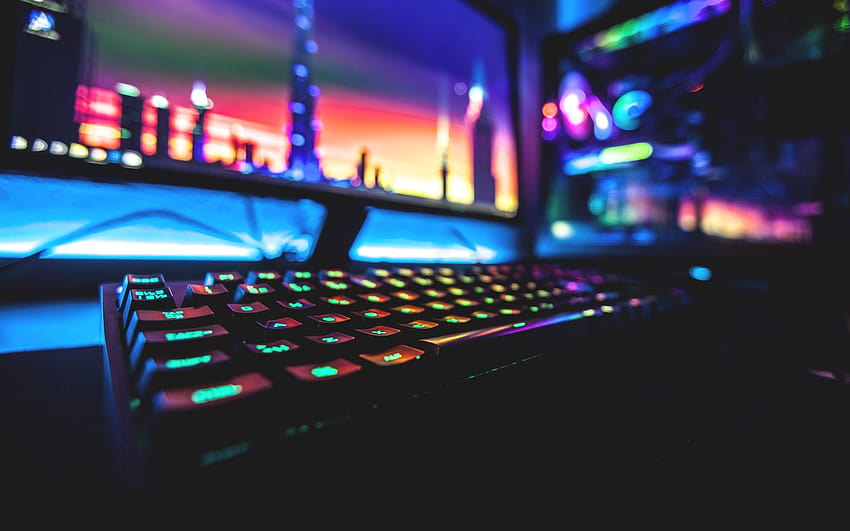 PC con tastiera da gioco RGB nera, computer colorato con giochi Sfondo HD