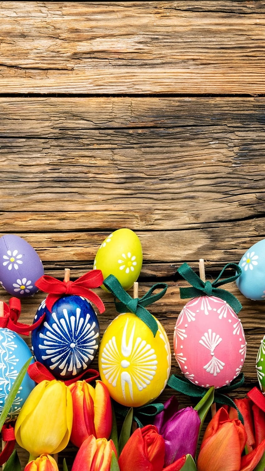Happy Easter, colorful eggs, wood board, tulips flowers 750x1334 iPhone 8/7/6/6S , background HD phone wallpaper