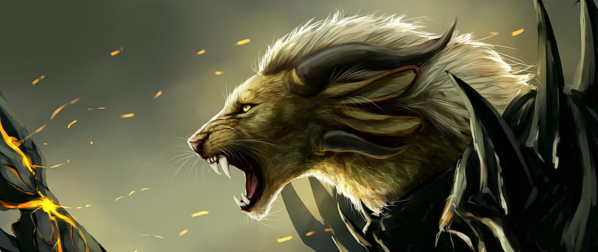 2560x1080 lion, grin, art, predator, fabulous, creature, mythical dual wide backgrounds, mythical animals HD wallpaper