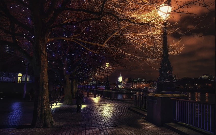 landscape, Urban, Lantern, London, England, River, Trees, Night, Clouds, Christmas Ornaments, Architecture, Cobblestone, Street Light / and Mobile Backgrounds, night walk HD wallpaper