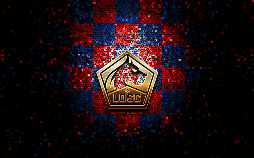 Lille FC, glitter logo, Ligue 1, red blue checkered background, soccer, LOSC Lille, french football club, LOSC Lille logo, mosaic art, football, France with resolution 2880x1800. High Quality HD wallpaper