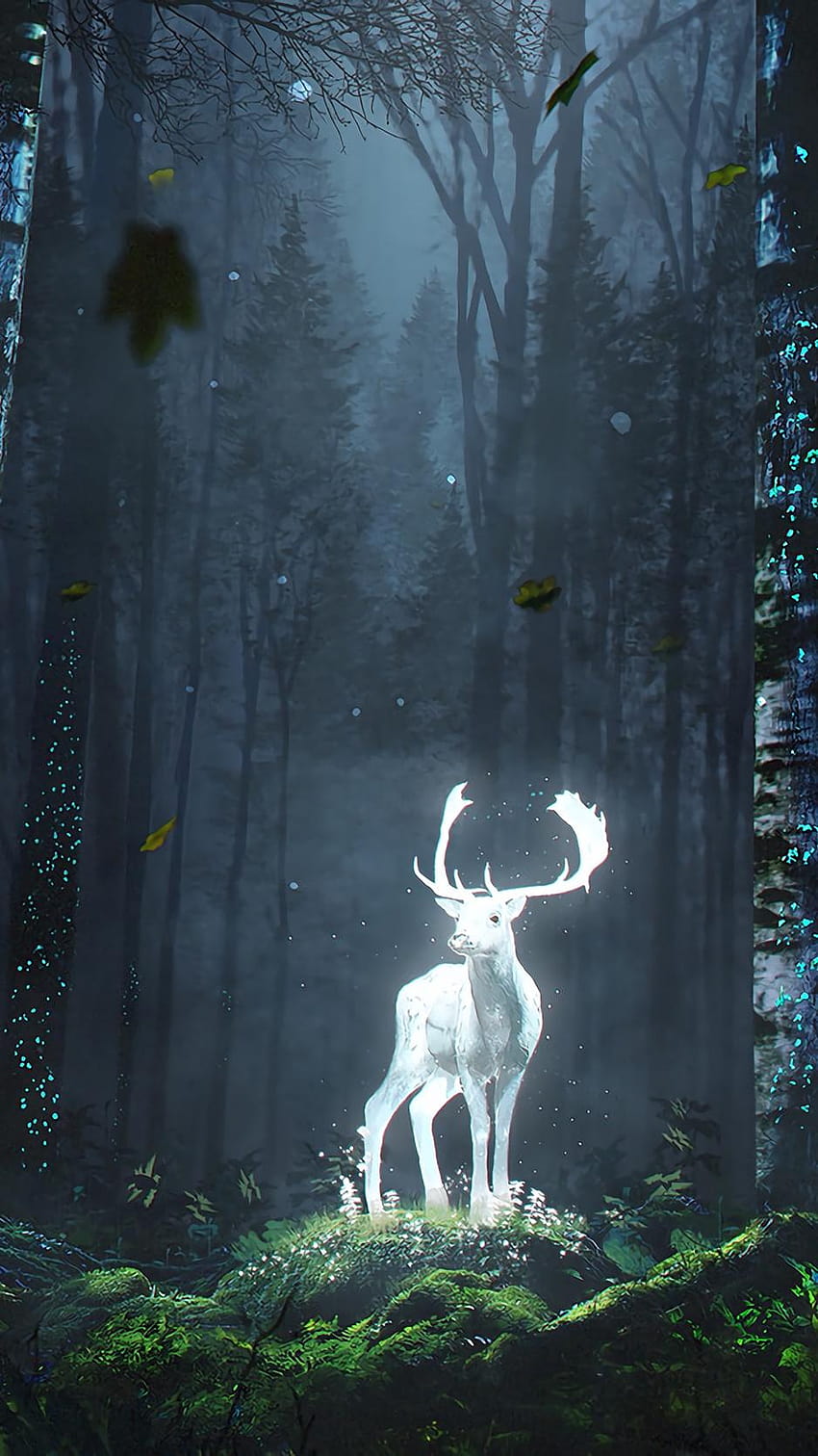 938x1668 deer, forest, night, glow, art, grass, deer forest HD phone wallpaper