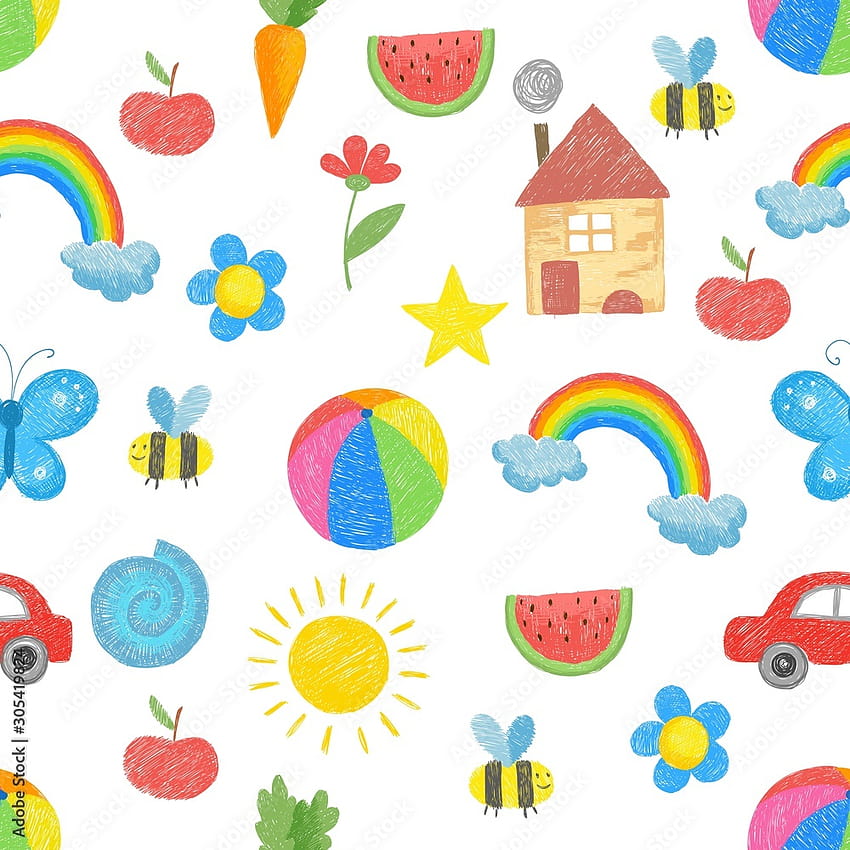 Wzór rysunku dla dzieci. Rodzinni rodzice rośliny zabawki dla dzieci kolorowe ręcznie rysowane obiekty do projektowania tekstyliów bezszwowe tło wektor. Ilustracyjny bezszwowy deseniowy doodle, rysujący dzieci Stockowy wektor Tapeta na telefon HD