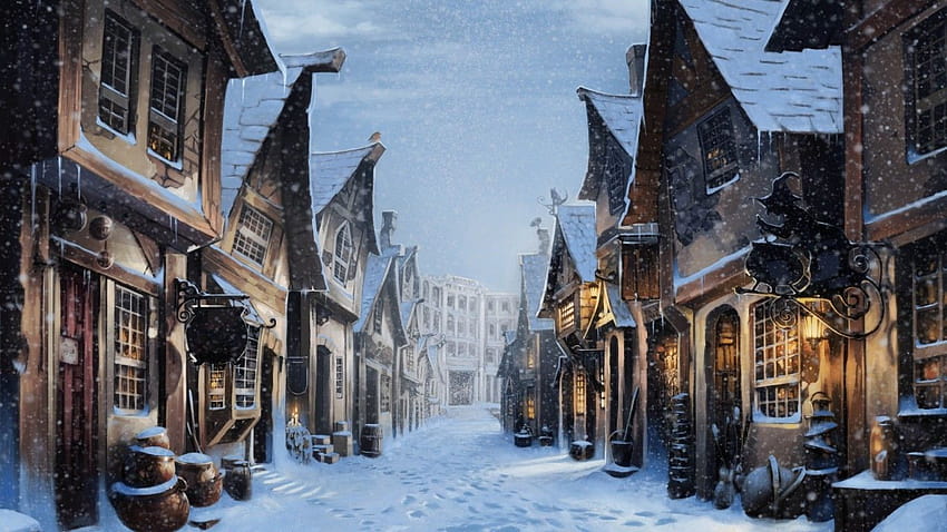 1366x768 Diagon Alley, Harry Potter, Snow, Artwork, harry potter laptop HD wallpaper