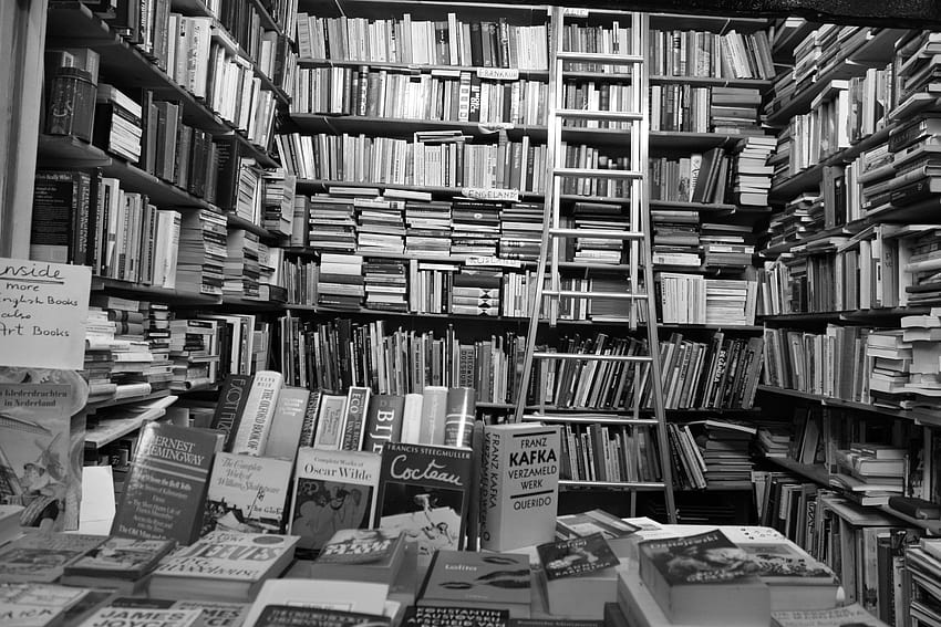 : bangunan, buku, Oscar Wilde, Ernest Hemingway, Franz Kafka, hitam dan putih, grafik monokrom, penjualan buku 4272x2848 Wallpaper HD