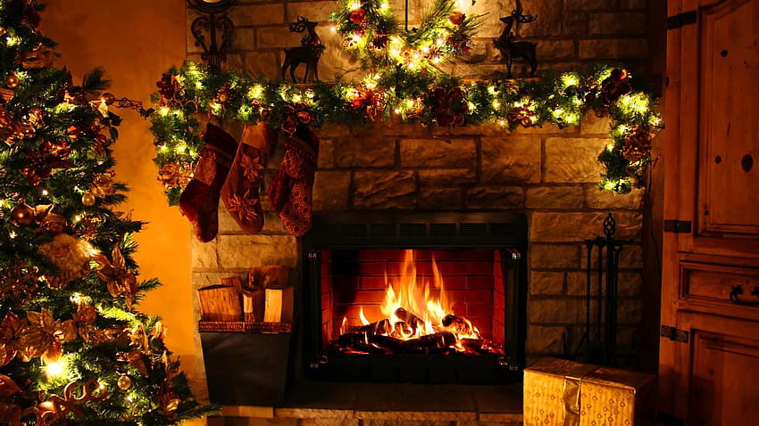 Chimenea de Navidad, chimenea de árbol de Navidad fondo de pantalla