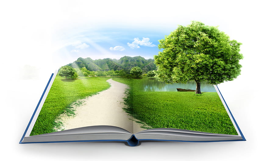 conceptos de ecología, libro verde, medio ambiente, hierba verde, montañas, cuidar la naturaleza, conceptos ecológicos con un libro con resolución 3840x2400. Ambiente verde de alta calidad fondo de pantalla