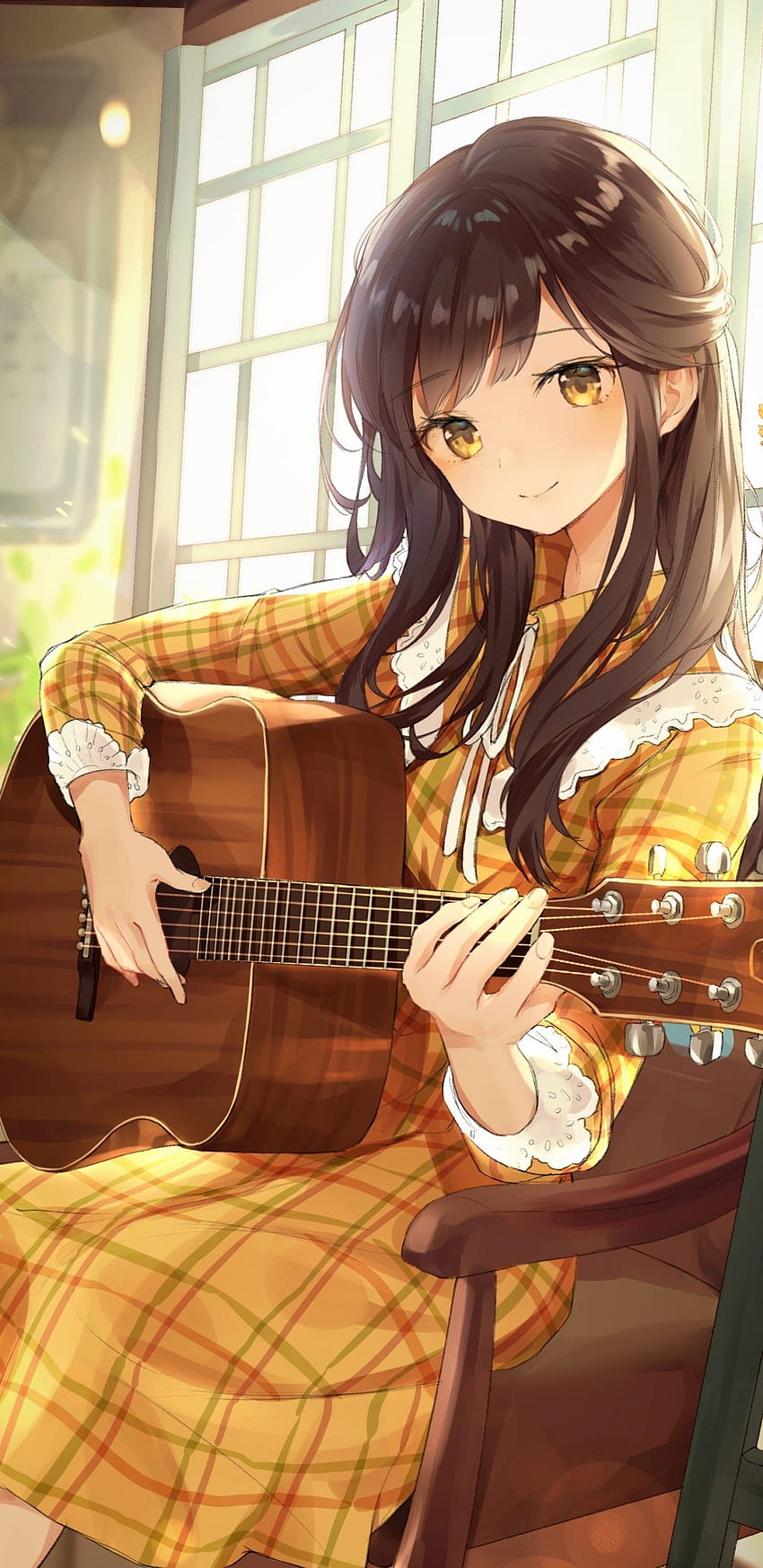1440x2960 アニメの女の子, ギターを弾く, 楽器, 音楽, かわいい, 茶髪 for Samsung Galaxy S9, Note 9, S8, S8+, Google Pixel 3 XL, アニメのギターの女の子 HD電話の壁紙