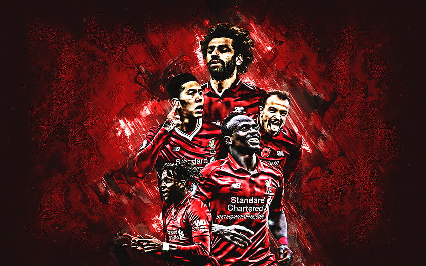 Liverpool FC, สโมสรฟุตบอลอังกฤษ, Liverpool, England, ผู้เล่น Liverpool FC, ฟุตบอล, พื้นหลังหินสีแดง, แชมเปี้ยนส์ลีก, พรีเมียร์ลีก, Mohamed Salah, Sadio Mane, Divock Origi ด้วยความละเอียด 2880x1800 สูง วอลล์เปเปอร์ HD